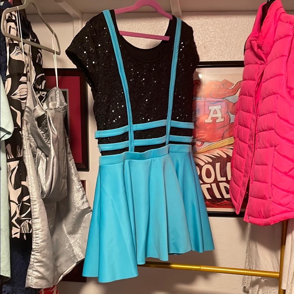 Blue and Black Dance Costume with Shimmery Top and Flared Skirt